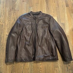 Merona Brown Leather Café Racer Jacket Mens XL Moto Minimalist Zip